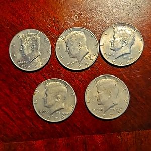 5 Kennedy Half Dollar Coins years 1966, 1973, 1974, 1983, 1996